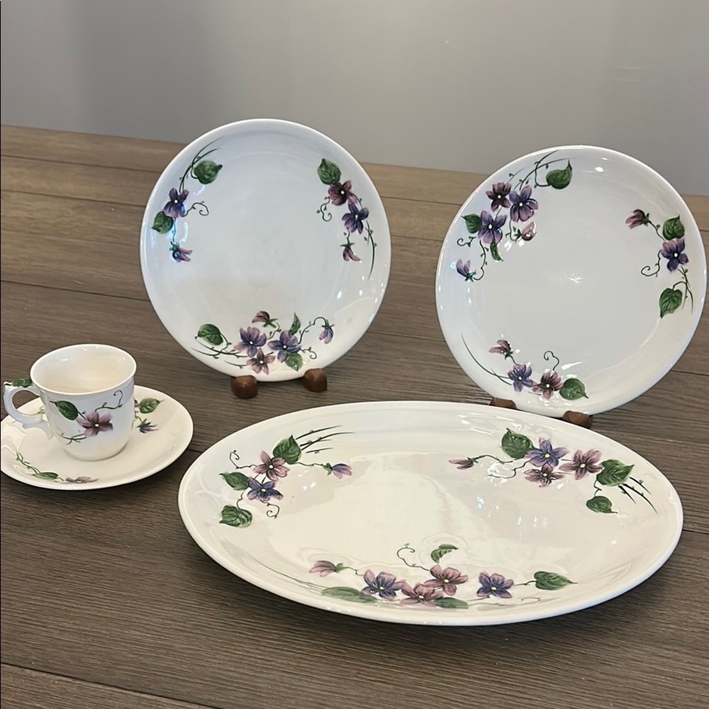 Lefton’s sweet violets dinnerware demitasse teacup saucer platter dessert plates